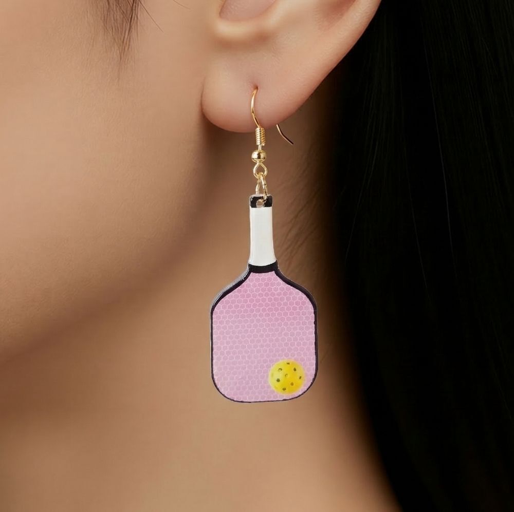 Pink Pickleball Paddle & Ball Dangle Earrings Acrylic Sport Drops Hobby Gift